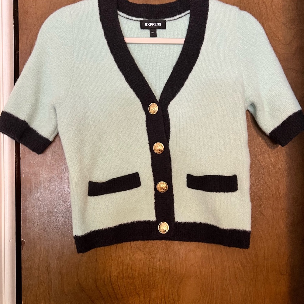 Express Green and Black Cardigan Classic V-Neck Sweater